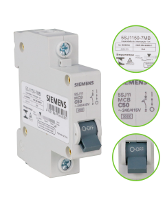 Disjuntor Mono 50A Curva C Siemens C50 Mini DIN 5kA 5SJ1 EP 1