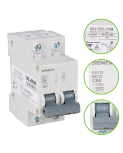 Disjuntor Bipolar 50A Curva C Siemens C50 Mini DIN 5kA ( 5SJ1 ) 1